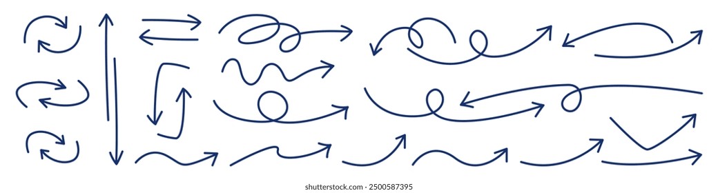 Set of vector arrows on a white background. Vector hand drawn arrows, arrows indicating direction. Design elements. Collection of different arrows
