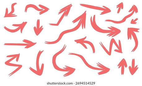 Um conjunto de setas vetoriais e ponteiros. Linhas curvas desenhadas à mão, setas com curvas. Indicadores de direção. Ilustração vetorial