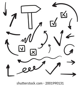 Satz von Vektorpfeilen, Wegweiser, Markieren handgezeichnet. Sketch-Doodle-Stil. Sammlung von Zeigern.