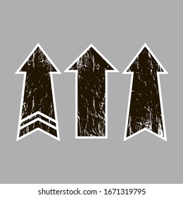 Set of vector arrows in vintage style. Tree textured arrows on grey background. 