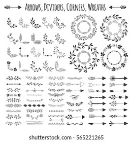 Set of vector arrows, wreaths, corners and dividers. Hand drawn design elements.