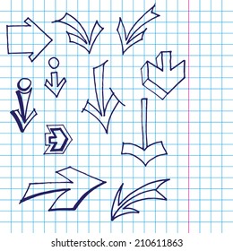 Set of  vector arrows.Hand drawn  Isolated  colored arrows vector collection on lined notebook paper in sketched style.