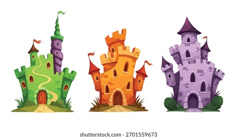 Set of vector art of castles in different architectural styles, ideal for children’s books, fairytale design, educational materials, or game illustrations