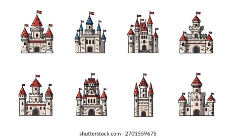 Set of vector art of castles in different architectural styles, ideal for children’s books, fairytale design, educational materials, or game illustrations