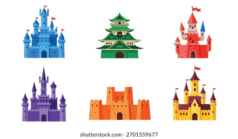 Set of vector art of castles in different architectural styles, ideal for children’s books, fairytale design, educational materials, or game illustrations