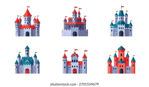 Set of vector art of castles in different architectural styles, ideal for children’s books, fairytale design, educational materials, or game illustrations