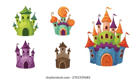 Set of vector art of castles in different architectural styles, ideal for children’s books, fairytale design, educational materials, or game illustrations