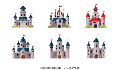Set of vector art of castles in different architectural styles, ideal for children’s books, fairytale design, educational materials, or game illustrations