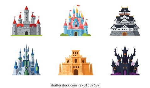 Set of vector art of castles in different architectural styles, ideal for children’s books, fairytale design, educational materials, or game illustrations