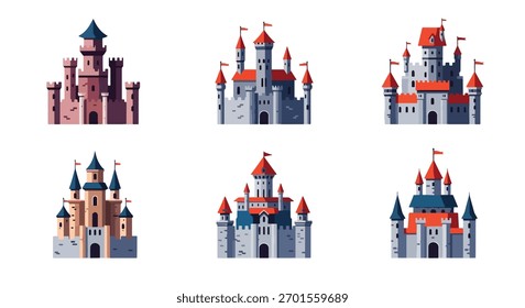 Set of vector art of castles in different architectural styles, ideal for children’s books, fairytale design, educational materials, or game illustrations