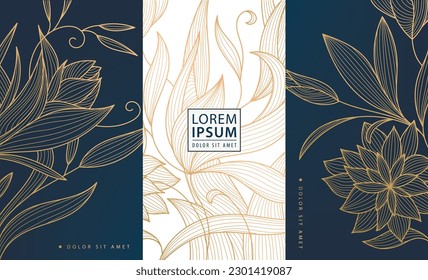 Set of vector art deco, design elements labels, frames, wedding invitations, social net stories, packaging, luxury products, perfume, soap, wine. Line golden backgrounds, floral patterns with leaves.