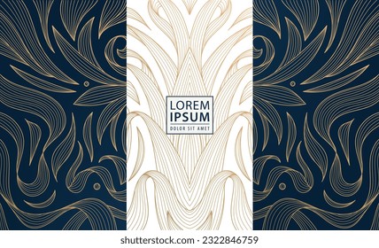 Set of vector art deco, design elements labels, frames, wedding invitations, social net stories, packaging, luxury products, perfume, soap, wine. Line golden backgrounds, floral patterns with leaves.