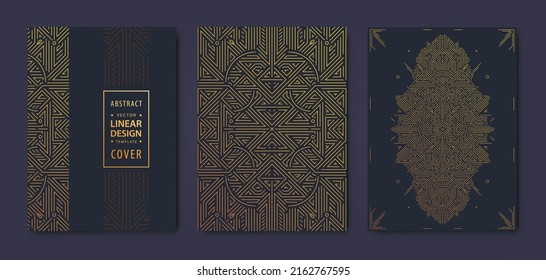 Conjunto de vectores Art deco, portadas doradas gatsby. Plantillas de diseño creativo. Afiche gráfico de moda, folleto, diseño, embalaje y marca. Formas geométricas, ornamentos, elementos