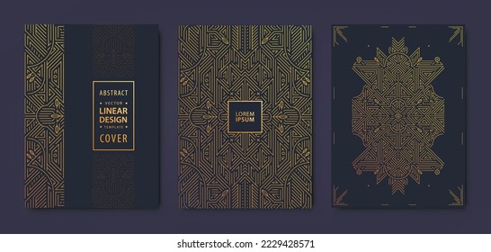 Set of vector art deco, gatsby golden covers. Creative design templates. Trendy graphic fancy poster, brochure, design, packaging and branding. Geometric shapes, ornaments, elements.