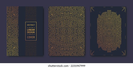 Set of vector art deco, gatsby golden covers. Creative design templates. Trendy graphic poster, brochure, design, packaging and branding. Geometric shapes, ornaments, elements.