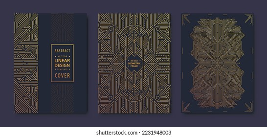 Set of vector art deco, gatsby golden covers. Creative design templates. Trendy graphic poster, brochure, design, packaging and branding. Geometric shapes, ornaments, elements.