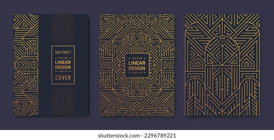 Set of vector Art deco, gatsby golden covers. Creative design templates. Trendy graphic poster, brochure, design, packaging and branding. Geometric shapes, ornaments, elements