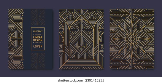 Set of vector Art deco, gatsby golden covers. Creative design templates. Trendy graphic poster, brochure, design, packaging, branding. Geometric shapes, ornaments, elements. Building, city