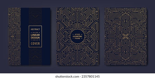 Juego de vectores art deco, portadas doradas gatsby. Afiche gráfico de moda, folleto, diseño, empaque, marca. Formas geométricas, ornamentos, elementos. 