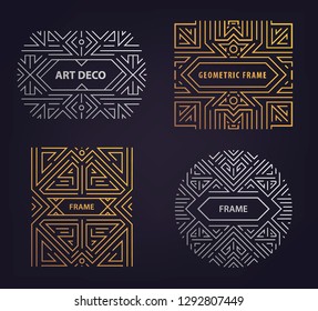 Set of vector Art deco golden and silver borders and frames. Creative templates in style of 1920s,  illustration. Trendy cover, graphic poster, gatsby brochure, design, packaging and branding