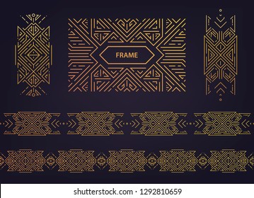 Set of vector Art deco golden borders, frames. Creative templates in style of 1920s. Trendy cover, graphic poster, gatsby brochure, design, packaging and branding. Geometric shapes, ornaments, divider