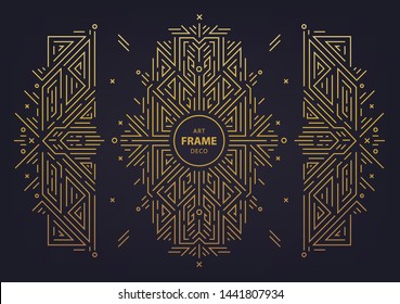 Set of vector Art deco golden borders, frame. Creative templates in style of 1920s. Trendy cover, graphic poster, gatsby brochure, design, packaging and branding. Geometric shapes, ornaments, element