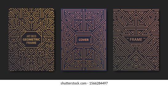 Set of vector Art deco golden covers. Creative design templates. Trendy graphic poster, gatsby brochure, design, packaging and branding. Geometric shapes, ornaments, element
