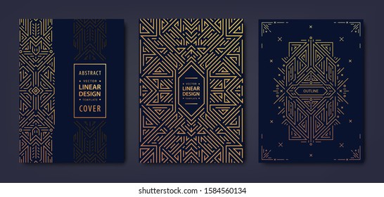 Set of vector Art deco golden covers. Creative design templates. Trendy graphic poster, gatsby brochure, design, packaging and branding. Geometric shapes, ornaments, elements