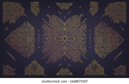 Set of vector Art deco golden borders, frames. Creative templates in style of 1920s. Trendy cover, graphic poster, gatsby brochure, design, packaging and branding. Geometric shapes, ornaments, element