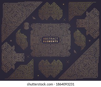 Set of vector Art deco golden borders, frames. Creative templates in style of 1920s. Trendy cover, graphic poster, gatsby brochure, design, packaging and branding. Geometric shapes, ornaments, element