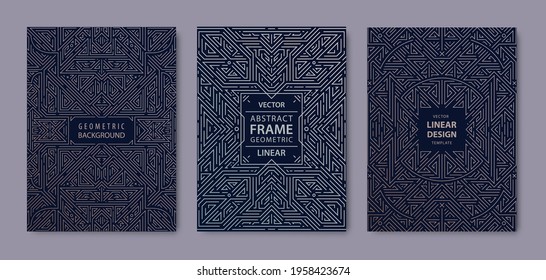 Conjunto de portadores Art deco dorados. Plantillas de diseño creativo. Afiche gráfico de moda, folleto de gatsby, diseño, embalaje y marca. Formas geométricas, ornamentos, elementos