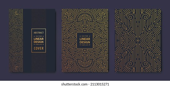 Set of vector Art deco golden covers. Creative design templates. Trendy graphic poster, gatsby brochure, design, packaging and branding. Geometric shapes, ornaments, elements