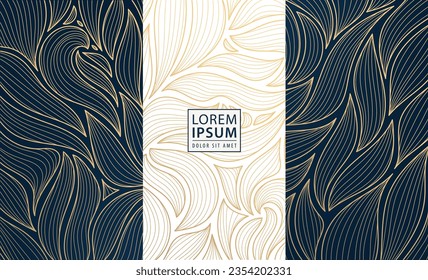 Set of vector art deco labels, frames, wedding invitations, packaging, luxury boxes design, perfume, soap, wine. Line golden backgrounds, floral patterns with leaves