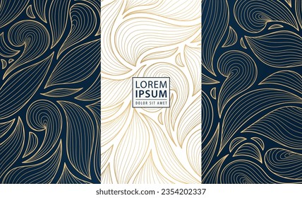 Set of vector art deco labels, frames, wedding invitations, packaging, luxury boxes design, perfume, soap, wine. Line golden backgrounds, floral patterns with leaves