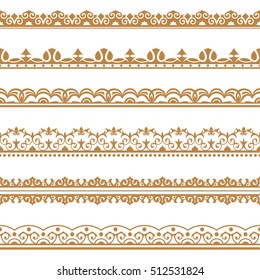 Set of vector art dividers in east style. Borders for the text, invitation cards, various printing editions. Golden seamless elements of design.