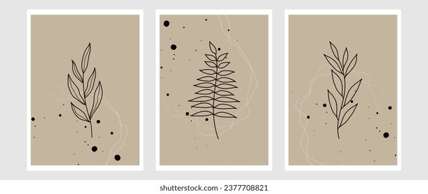 Un conjunto de dibujos vectoriales que representan ramas botánicas, hojas, en tonos tierra, salpicaduras de pintura. Impresiones minimalistas para la decoración, decoraciones de paredes y postales, impresión. EPS10 vectores	