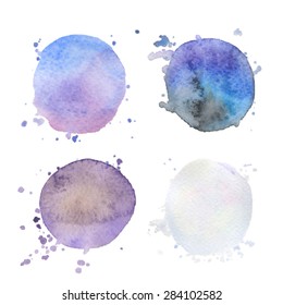 Set of vector art elements. Colorful blue and violet watercolor round textures. Splashes stains isolated on white background