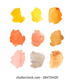 Set of vector art elements. Colorful yellow, red and pink watercolor textures. Brush strokes isolated on white background