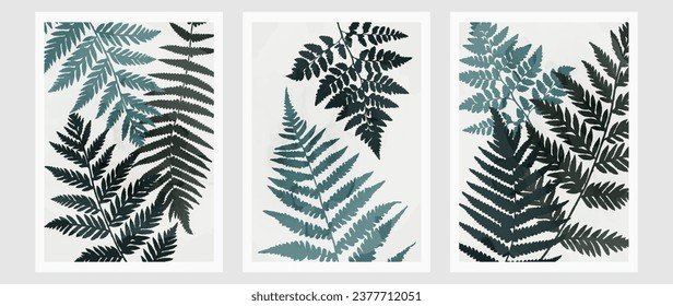 Set of vector art with fern leaves, botanical hand drawn illustration with watercolor texture. For interior, wall decoration, decor.	