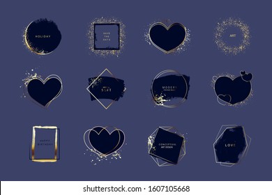 Set of vector art frames. Shiny luxury composition with golden texture. Grunge brush stroke background for text.