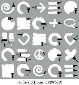 Set of vector art hand-painted signs created with smudge brushstrokes, symbols drawn with paintbrush. Monochrome elements made on different social themes can be used in web and graphic design.