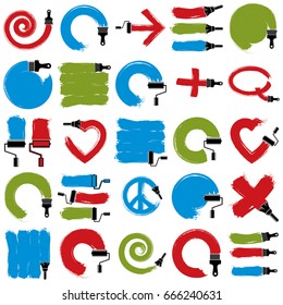 Set of vector art hand-painted signs created with smudge brushstrokes, symbols drawn with paintbrush. Colorful elements made on different social themes can be used in web and graphic design.