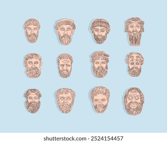 Set of Vector art  Illustration Cartoon Ancient Greek mask. Great for art poster. For a theatrical or ancient Greek event. 