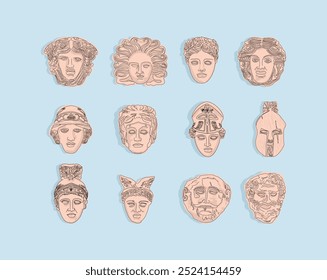 Set of Vector art  Illustration Cartoon Ancient Greek mask. Great for art poster. For a theatrical or ancient Greek event. 