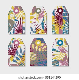 set of vector art labels with abstract tropical pattern