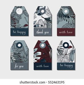 set of vector art labels with abstract tropical pattern