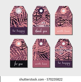 set of vector art labels with abstract tropical pattern