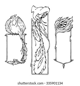 set of vector art nouveau frame with firebird (phoenix)