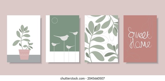 Set von Vektorgrafiken. Botanische Plakate zu Hause in minimalistischem, boho, hygge Stil. Abstraktes Design von Pflanzen, Vögeln, für Drucke, Decken, Tapeten, minimalistische und natürliche Wandkunst. 