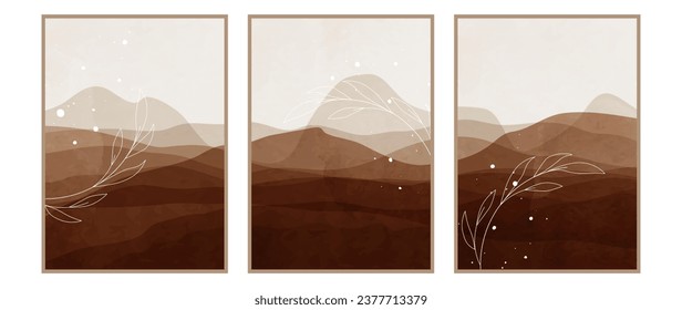 Set of vector art, paintings. Desert in earth tones with acryl texture and white branches and blots. Decor for interior, printing, home decoration.	